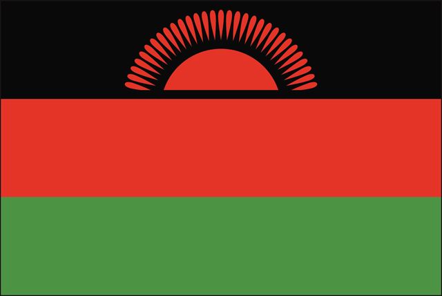 Bilde av Malawis flagg som er rødt, sort og grønt.