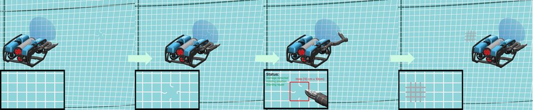 Collage showing ROV finding a hole in a net