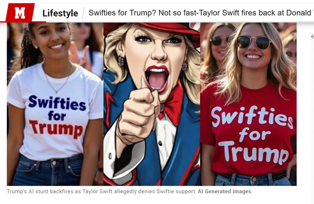 Swifties for Trump? Neppe. Skjermdump fra nettstedet Marca.com